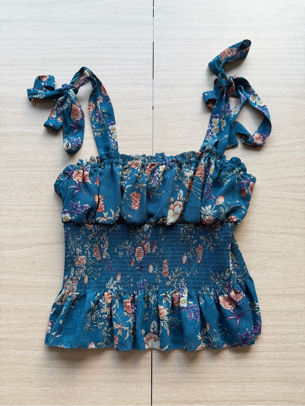 NATURAL LIFE Women’s Teal Floral Tie-Shoulder Smocked Tank Top XS